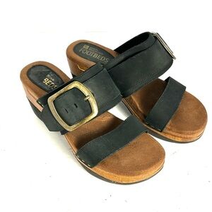White Mountain Footbeds Slip On Platform Wedge Heel Sandals Black Leather Size 8